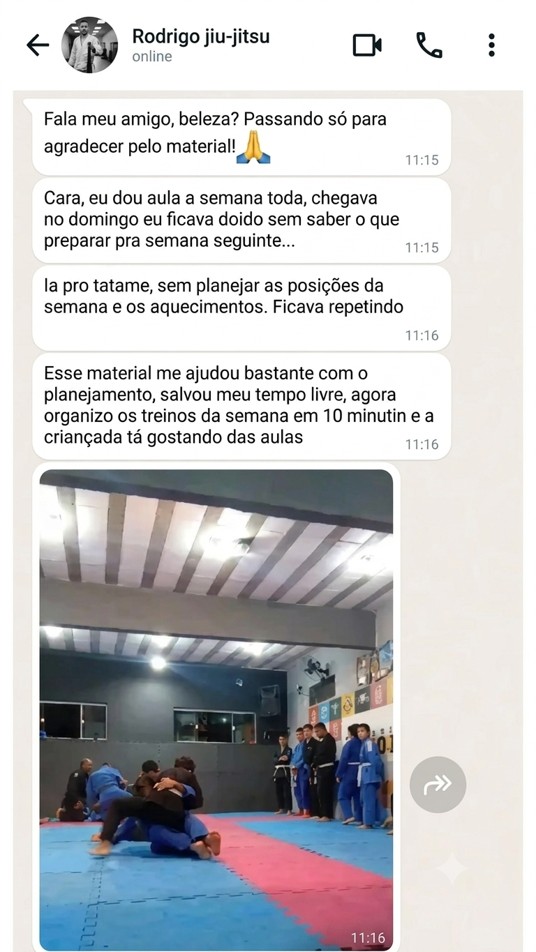 Print de conversa no WhatsApp com professor de Jiu-Jitsu elogiando o material 5