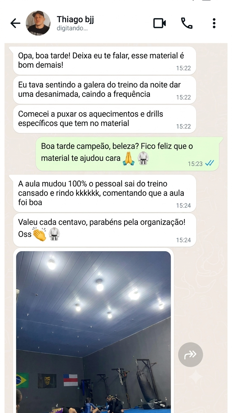 Print de conversa no WhatsApp com professor de Jiu-Jitsu elogiando o material 3