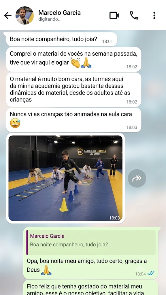 Print de conversa no WhatsApp com professor de Jiu-Jitsu elogiando o material 1