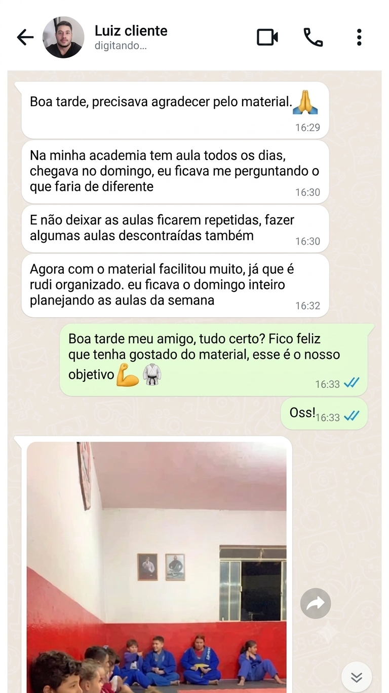 Print de conversa no WhatsApp com professor de Jiu-Jitsu elogiando o material 4