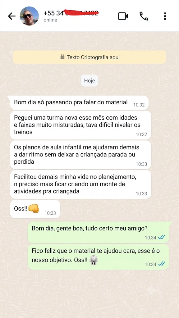 Print de conversa no WhatsApp com professor de Jiu-Jitsu elogiando o material 2